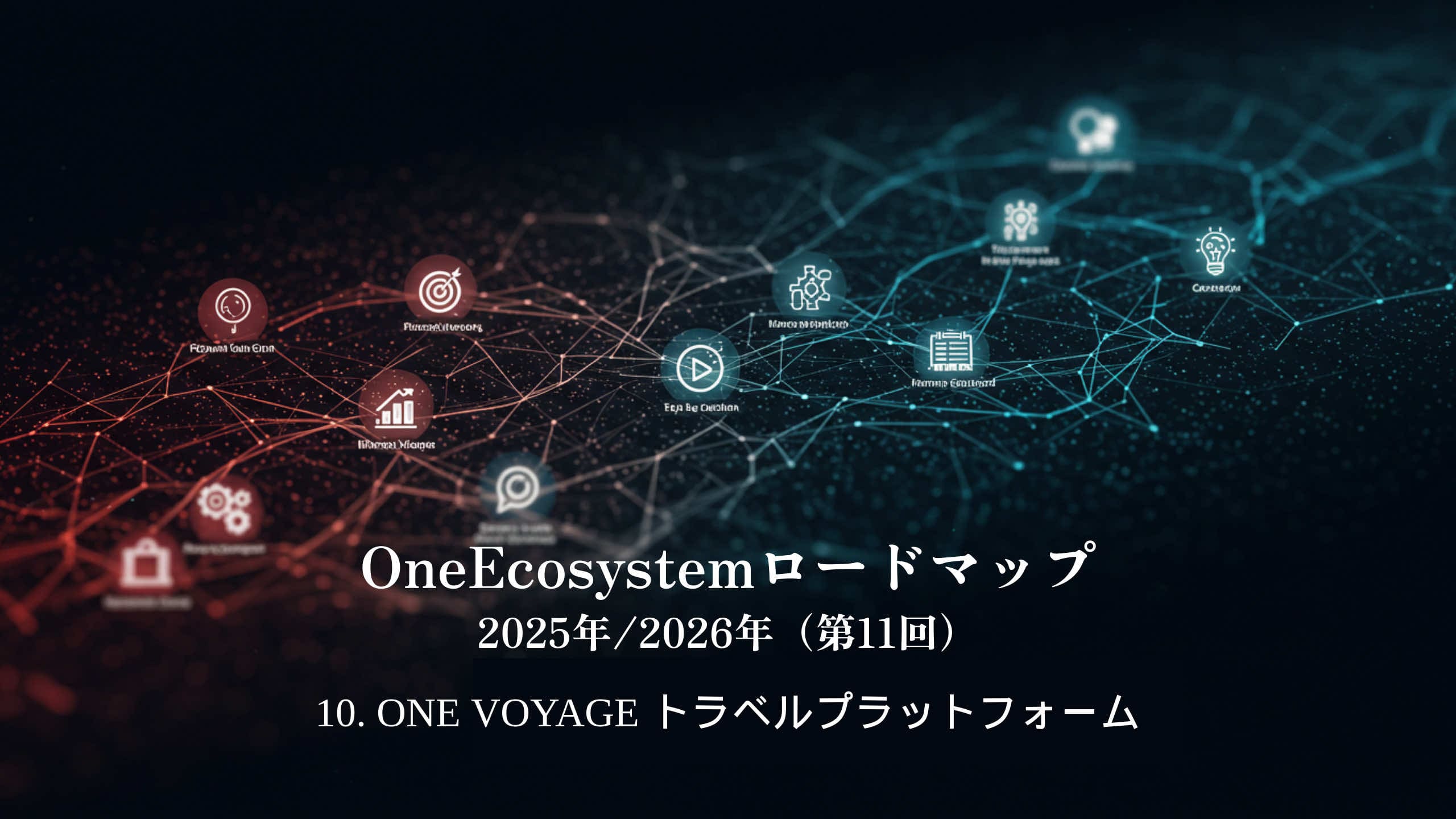 رسومات الشبكة الرقمية مع أيقونات blockchain والسفر. يقرأ النص الياباني "خارطة طريق OneEcosystem 2025/2026 (11th)10. منصة سفر ONE VOYAGE.