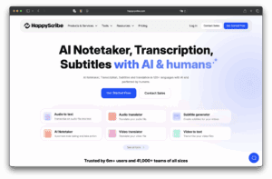 لقطة شاشة من الصفحة الرئيسية ل HappyScribe. سترى خيارات لتدوين الملاحظات الذكاء الاصطناعي، والنسخ، والترجمة، بالإضافة إلى زر البدء وزر جهة الاتصال للمبيعات. يركز العنوان على التعاون بين الذكاء الاصطناعي والبشر.