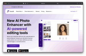 يتميز بتصميم بنفسجي وأبيض، ومعاينة لمحرر الصور مع امرأة مبتسمة، ونصوص عن أدوات التحرير الذكاء الاصطناعي، وزر تحميل للتطبيق.