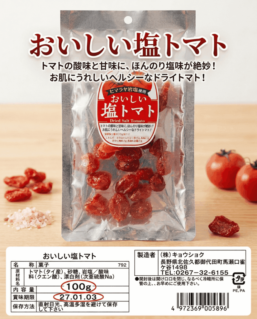 「軽井沢みやげ人気商品 ヒマラヤ岩塩使用 塩トマト 100g 5袋セット」と表示された銀色のパッケージには、「塩トマト」や「ヒマラヤ岩塩」といった日本語の文字に加え、トマトのイラストや栄養成分表示が記載されています。 パッケージの正面には、木製の台の上に数個の乾燥トマトと2個の新鮮なトマトが並べられており、軽井沢のお土産として人気を博しています。.