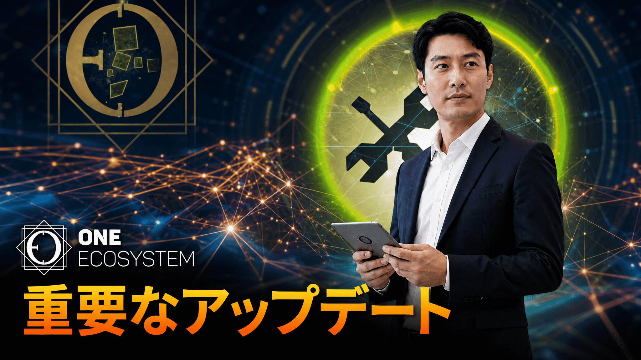 スーツ姿の男性がタブレットを手に持ち、デジタルアイコンやネットワークのグラフィックの前に立っている。画面には日本語のテキストと「ONE ECOSYSTEM」という文字が表示されており、下部には大きなオレンジ色の文字で、ウォレットシステムの「2026年 アップグレード」が強調されている。.